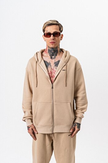 Respire Men's Text Detailed Hooded Basic Zip Oversize Hoodie Beige