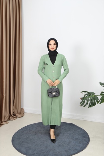 NİSUM MODA Mercerized Long Cardigan with Pocket Detail