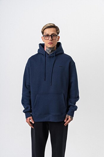 Respire Men's Text Detailed Hooded Basic Oversize Hoodie Navy Blue