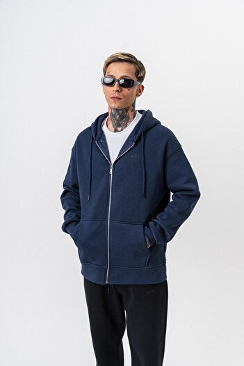 Respire Men's Text Detailed Hooded Basic Zip Oversize Hoodie Navy Blue