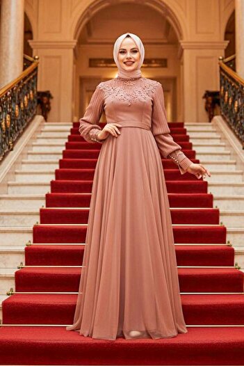 Neva Style Dusty Rose Hijab Evening Dress with Bead Embroidery 21780Gk