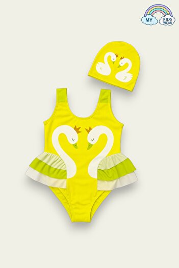 My Kids Wear Elegant Swan Print Three Layers Ruffle Detailed Boned Girls' Swimsuit