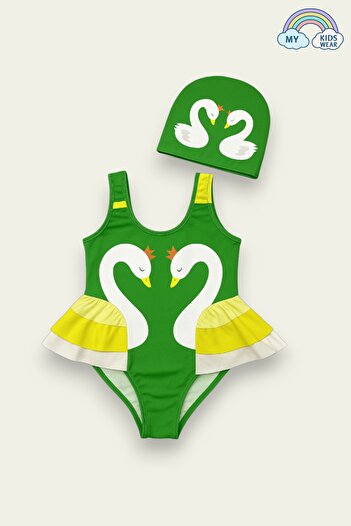 My Kids Wear Elegant Swan Print Three Layers Ruffle Detailed Boned Girls' Swimsuit