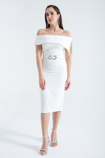 Lafaba Women's White Boat Neck Jewelled Belt Midi Evening Dress