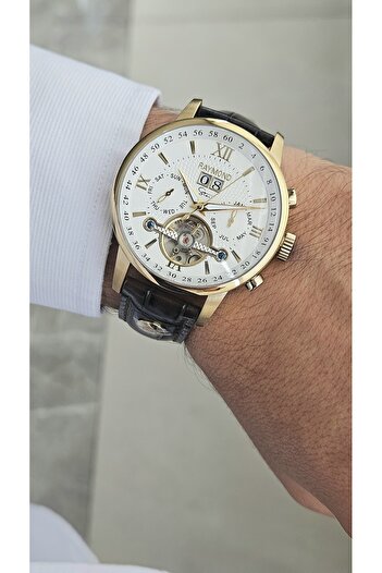 Raymond New Rym-4120 Automatic Mechanism Men's Wristwatch - Steel Case and Leather Strap - 2 Years Warranty Gold-W