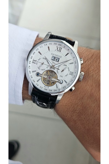 Raymond New Rym-4120 Automatic Mechanism Men's Wristwatch - Steel Case and Leather Strap - 2 Years Warranty Ss-Bk-W