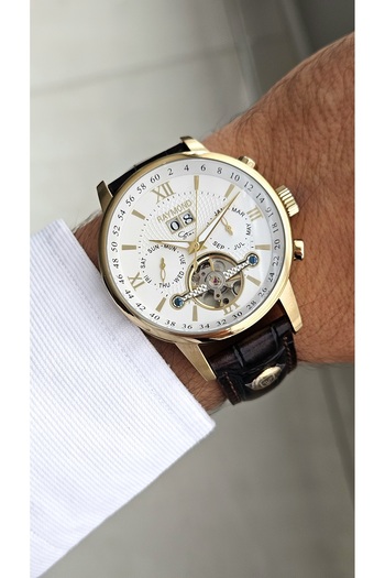 Raymond New Rym-4120 Automatic Mechanism Men's Wristwatch - Steel Case and Leather Strap - 2 Years Warranty Gold-W