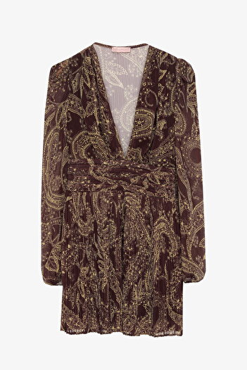 Quzu Patterned Pleated V-Neck Mini Dress Brown