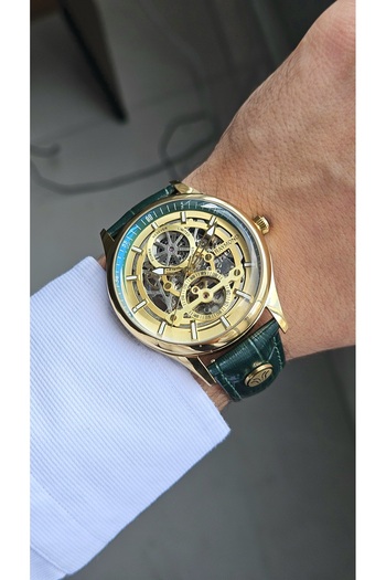 Raymond Rym-280267 Men's Skeleton Automatic Watch Gold-Green