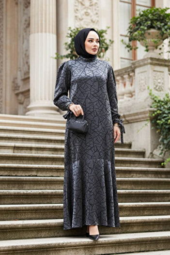 N.S NEVA STYLE Patterned Anthracite Hijab Satin Dress 4457Ant