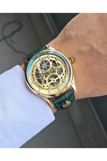 Raymond Rym-280267 Men's Skeleton Automatic Watch Gold-Green