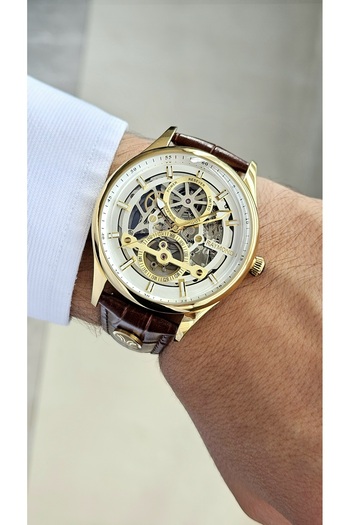 Raymond Rym-280267 Men's Skeleton Automatic Watch Gold-Brw-W