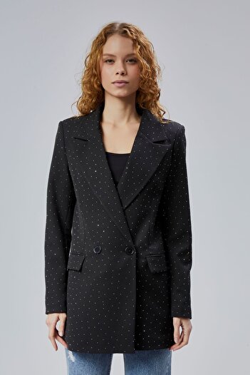 Bolivente Black Regular Woven Lined Blazer Jacket with Stone Detail