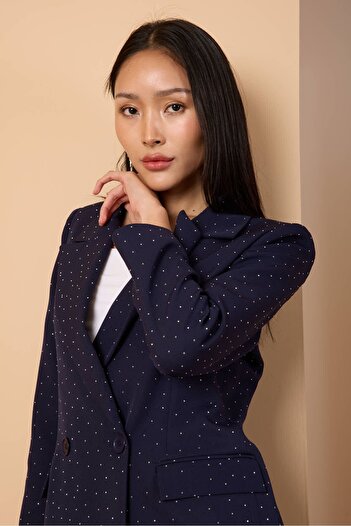 Bolivente Navy Blue Regular Woven Lined Blazer Jacket with Stone Detail