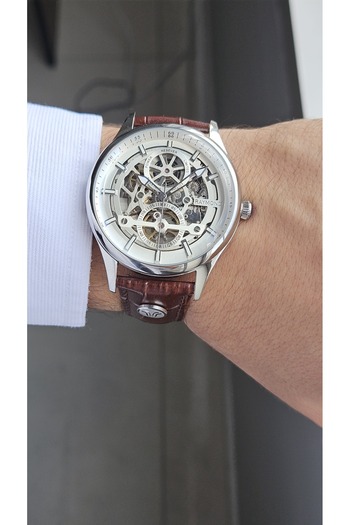 Raymond Rym-280267 Men's Skeleton Automatic Watch Ss-Brw-W