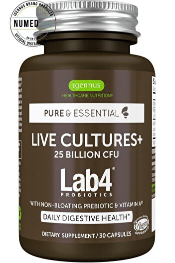 Igennus Live Cultures+ Lab4 Probiotics & Non-bloating Prebiotic, 25 billion CFU 1-a-day Capsules,