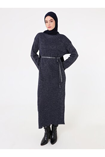 Refka Glittery Knitwear Hijab φόρεμα με λεπτομέρεια στη μέση - Navy Blue - Refka