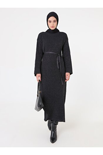 Refka Glittery Knitwear Hijab φόρεμα με λεπτομέρεια στη μέση - Navy Blue - Refka