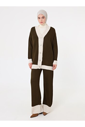 Refka Khaki Color Double Knitwear Set - Cardigan and Trousers