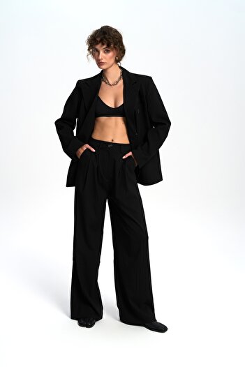 MAİ COLLECTİON Bianda Striped Black Trousers