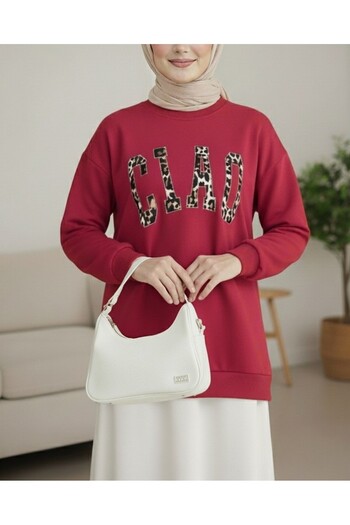 Modamorfo Round Neck Embroidered Front Sweatshirt - Burgundy