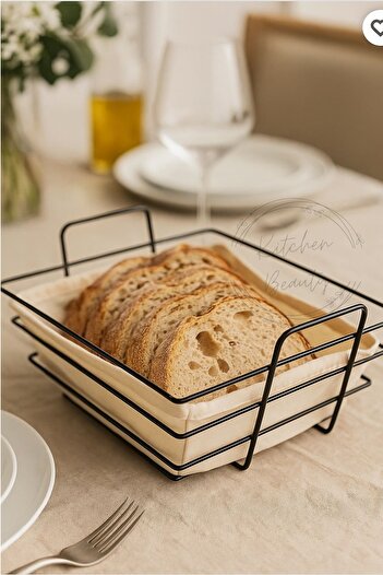 Kitchen Beauty Metal Siyah Şeritli Kare Ekmeklik Kumaş Kare Ekmeklik Ekmek Sepeti 22X22 CM