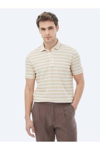 Kip Μπλουζάκι Polo Neck Beige ριγέ βαμβακερό μείγμα