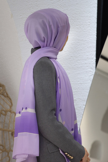 Vissona 100% Silk Floral Patterned Lilac Colored 92X210 Shawl