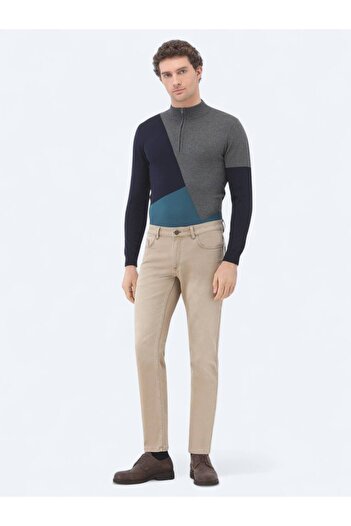 Kip Camel Hair Slim Fit Denim Cotton Blended Trousers