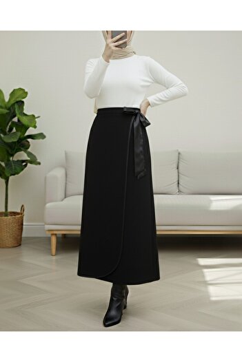 Modamorfo Elasticized Waist Tie Binding Bias Bellowed Cashmere Skirt -Black