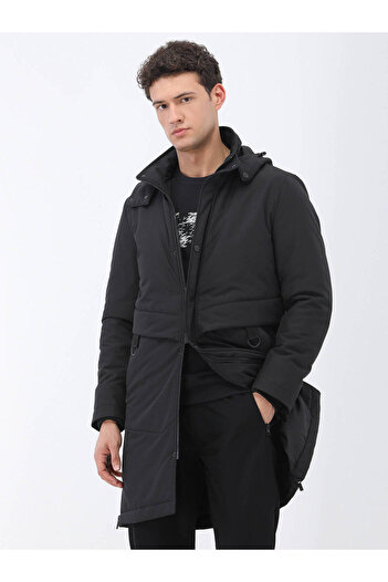 Kip Siyah Regular Fit Kapüşonlu Casual Dokuma Kaban