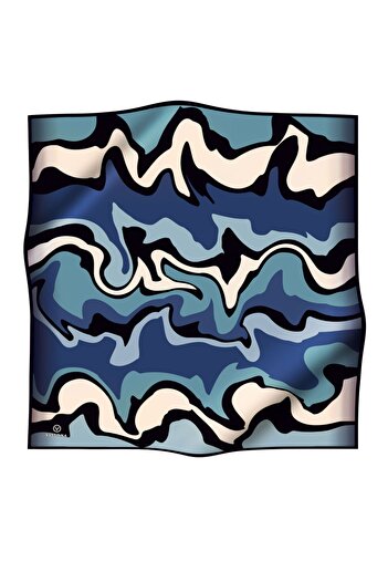 Vissona 57% Silk 43% Viscosa Twill Silk Wave Pattern Indigo - Petrol Blue Color 90X90 Planting Shape : Hand