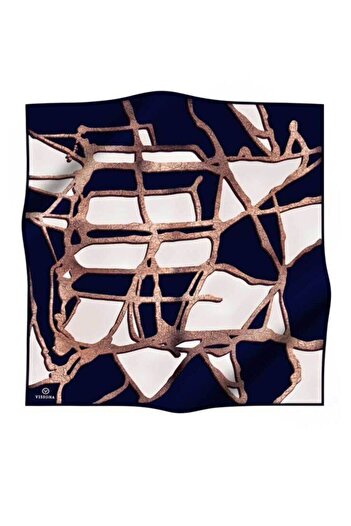 Vissona 57% Silk 43% Viscos Twill Silk Gold Effect Geometric Pattern Navy Blue - Cream Colored 90X90 Scarf D