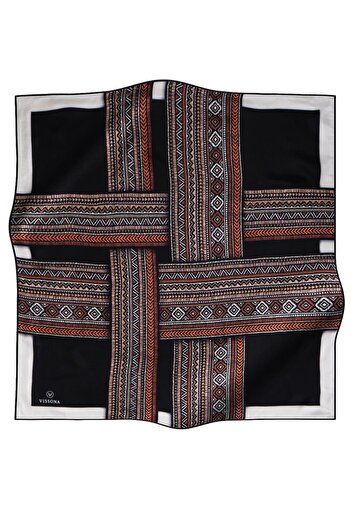 Vissona 57% Silk 43% Viscos Twill Silk Ethnic Patterned Black - Tan Colored 90X90 Scarf Sewing Shape : Hand Sewing
