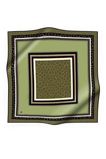 Vissona 57% Silk 43% Viscos Twill Silk Gold Ring Patterned Khaki - Black Color 90X90 Scarf Sewing Shape : Hand