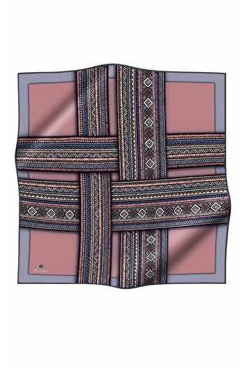 Vissona 57% Silk 43% Viscos Twill Silk Ethnic Patterned Powder - Gray Color 90X90 Scarf Sewing Shape : Hand Sewing