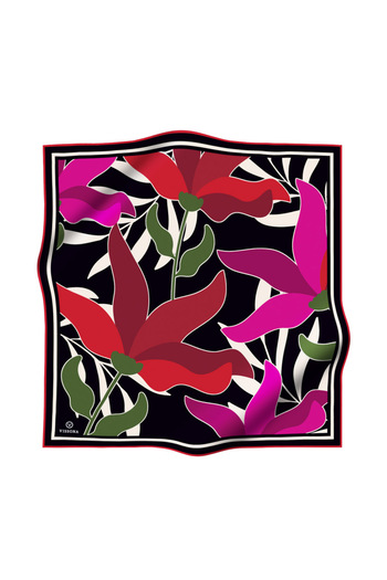 Vissona 100% twill silk leaves patterned red - pink colored 90x90 scarf sewing method: hand stitching