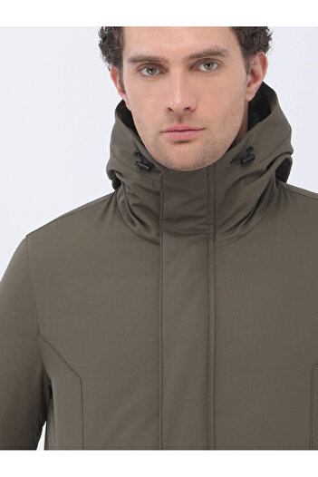 Kip Haki Regular Fit Kapüşonlu Casual Dokuma Kaban