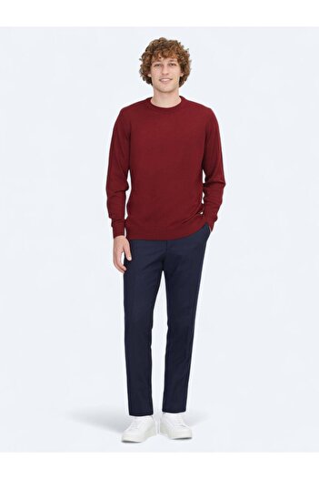 Kip Red Crew Neck Jacquard Wool Blended Knitwear Sweater