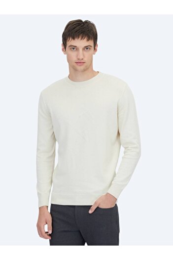 Kip Ecru Crew Neck Patterned Cotton Blend Sweater