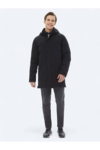 Kip Siyah Comfort Fit Kapüşonlu Casual Dokuma Kaban