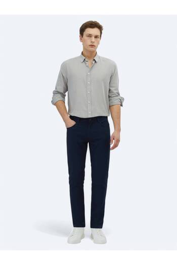 Kip Navy Blue Plain Woven Slim Fit Casual Cotton Blended Trousers