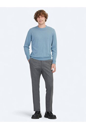Kip Aviator Blue Crew Neck Jacquard Wool Blend Knit Sweater