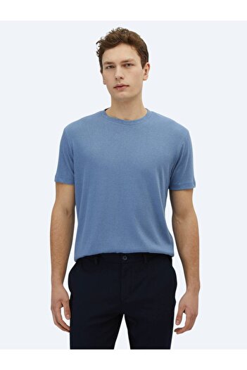 Kip Aviator Blue Plain Crew Neck Cotton Blend T-Shirt