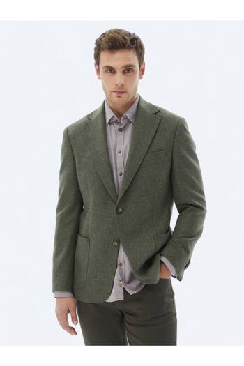 Kip Green Plain Comfort Fit Wool Blend Jacket