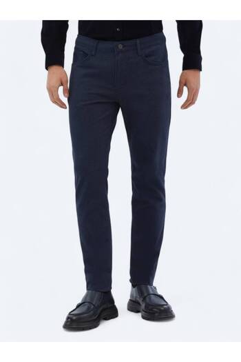 Kip Navy Blue Woven Slim Fit Casual Cotton Blend Trousers