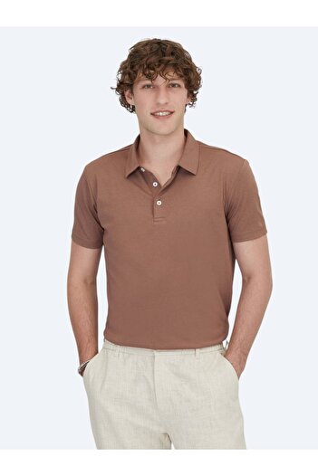 Kip Brown Polo Neck Cotton Blend T-Shirt