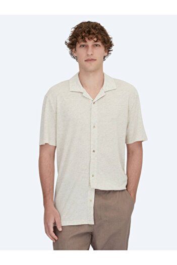 Kip Beige Patterned Regular Fit Casual Linen Blend Shirt