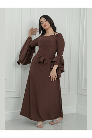 Nice Model Elegant Brown Ruffle Sleeve Belted Maxi Dress | Modest Evening Formal Gown with Square Neckline