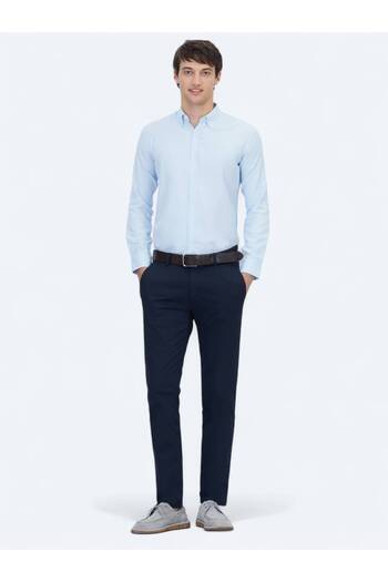 Kip Navy Blue Plain Woven Regular Fit Casual Cotton Blended Trousers